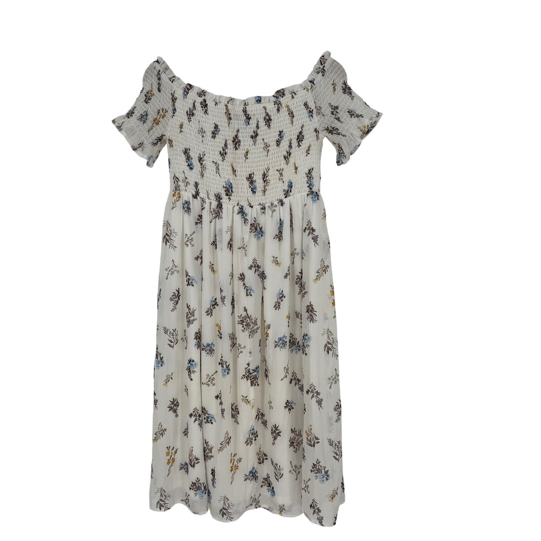 AQUA Smocked Off Shoulder Floral Midi Dress White Blue Yellow Size S