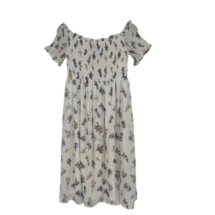 AQUA Smocked Off Shoulder Floral Midi Dress White Blue Yellow Size S