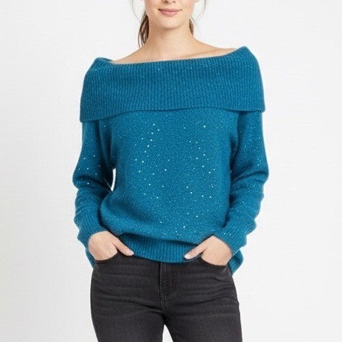 Chico's Sweater Womens Large Berry Blue Knit Sequin Cowl Neck Ribbed Outdoor