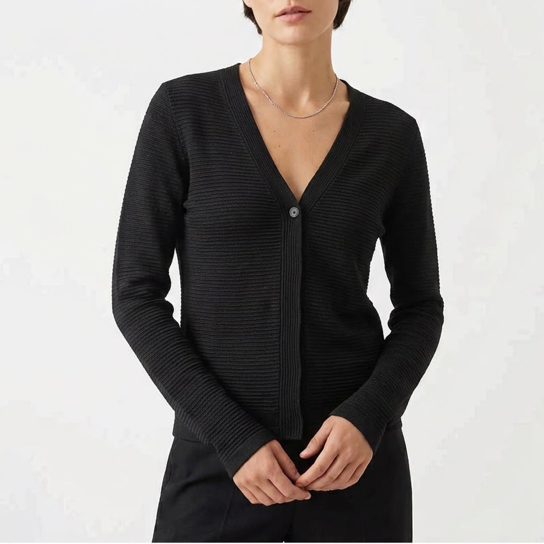 Black Ribbed V-Neck Cardigan Sweater Slim Fit Long Sleeve Button Up Top Medium