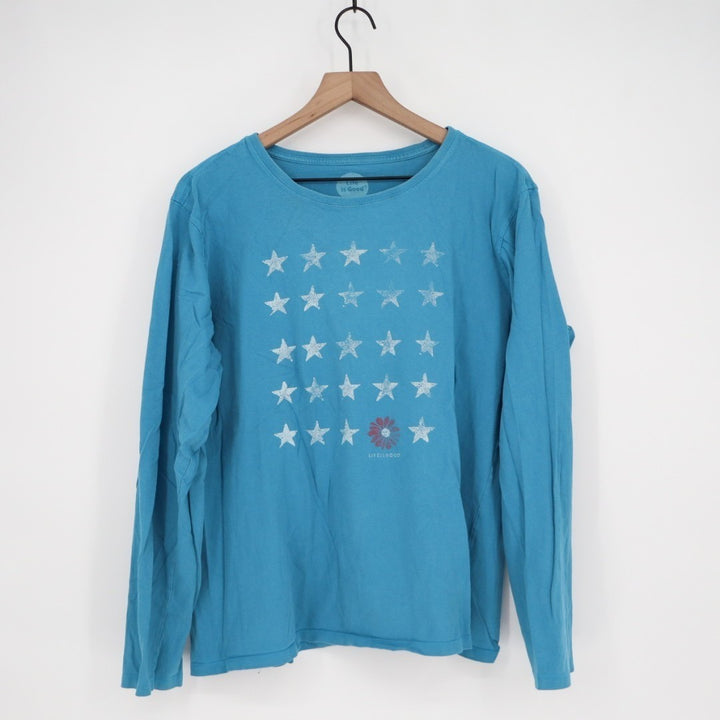 Life Is Good T-Shirt Womens XL Blue Cotton Graphic Print Classic Fit Long Sleeve