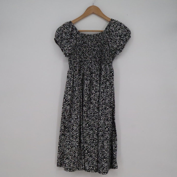Derek Heart Maternity Smocked Floral Dress Black White Ditsy Square Neck Medium