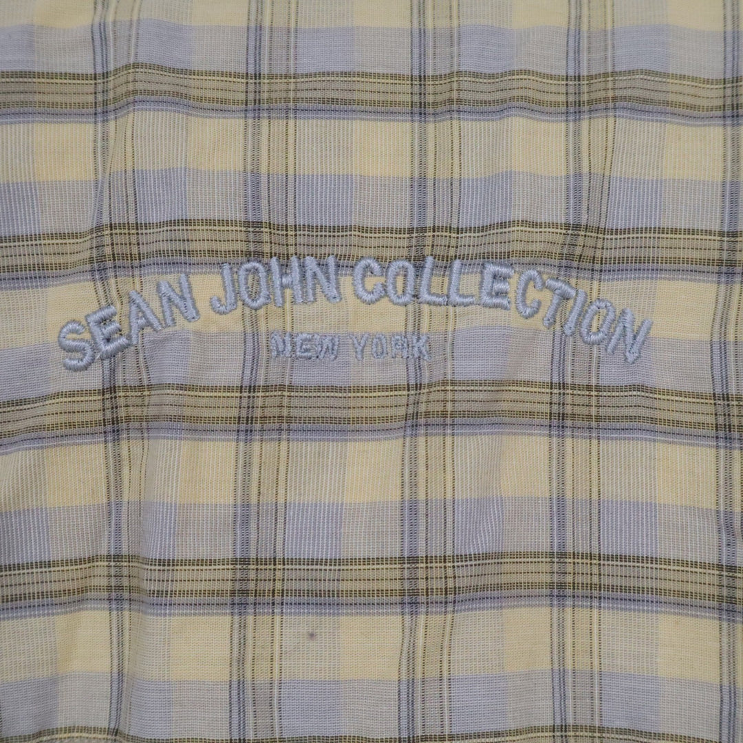 Sean John Mens XL Short Sleeve Button Down Shirt Yellow Blue Plaid Cotton Y2K