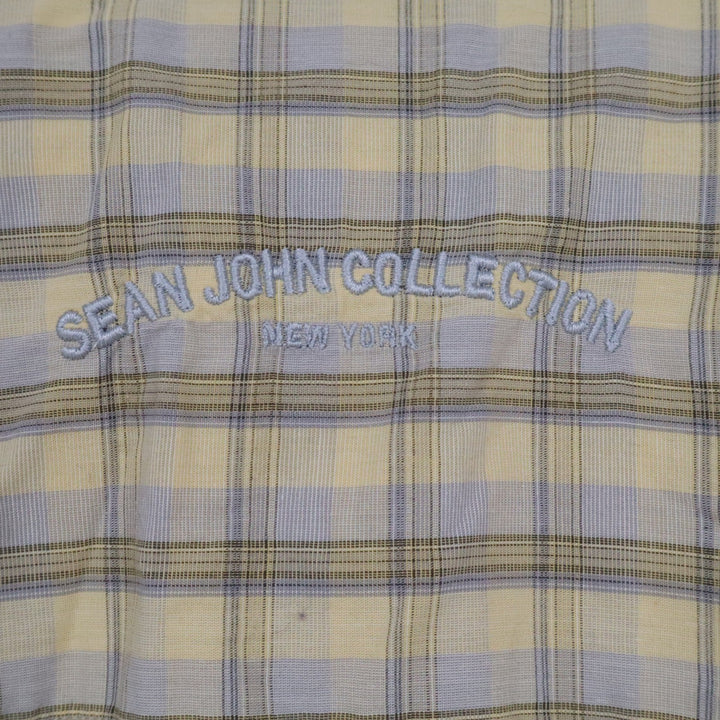 Sean John Mens XL Short Sleeve Button Down Shirt Yellow Blue Plaid Cotton Y2K