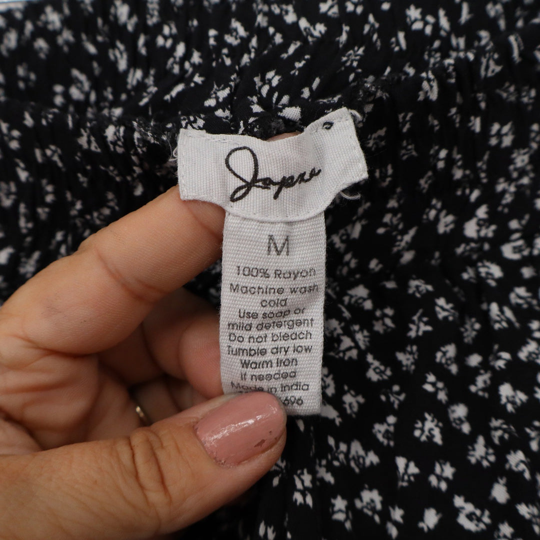 Joyra Black White Ditsy Floral Tiered Mini Skirt Smocked Waist Rayon Size M