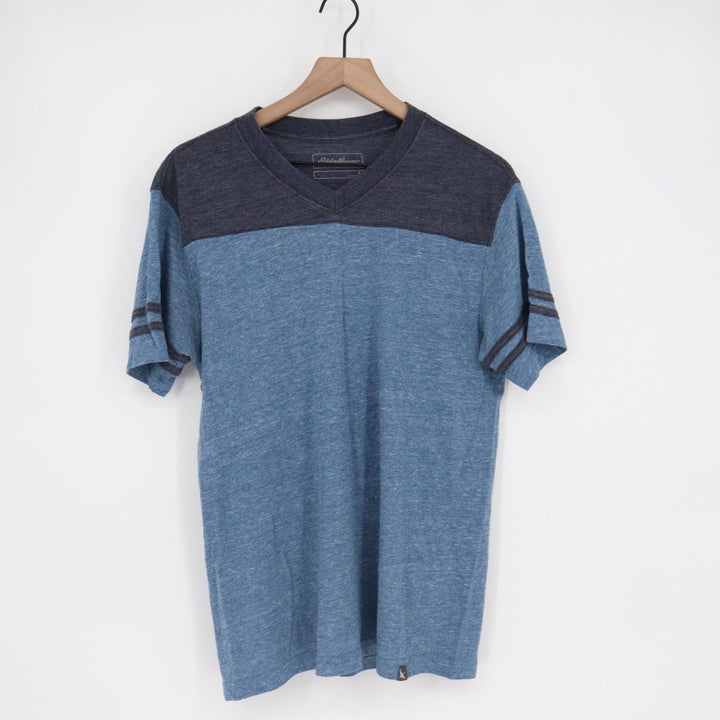 Eddie Bauer Mens V Neck Color Block T Shirt Blue Gray Stripes Size M
