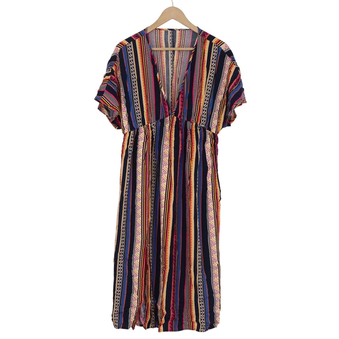 Shein Curve 1XL Maxi Dress Multicolor Tribal Geometric Stripe V-Neck Boho Summer