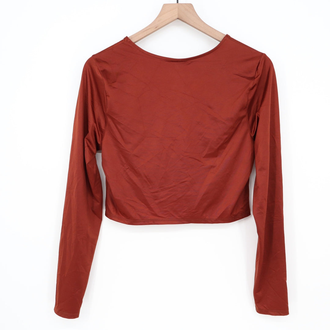 Calia Red Brown Shine Ruched Long Sleeve Cropped Swim Top UPF 50+ L