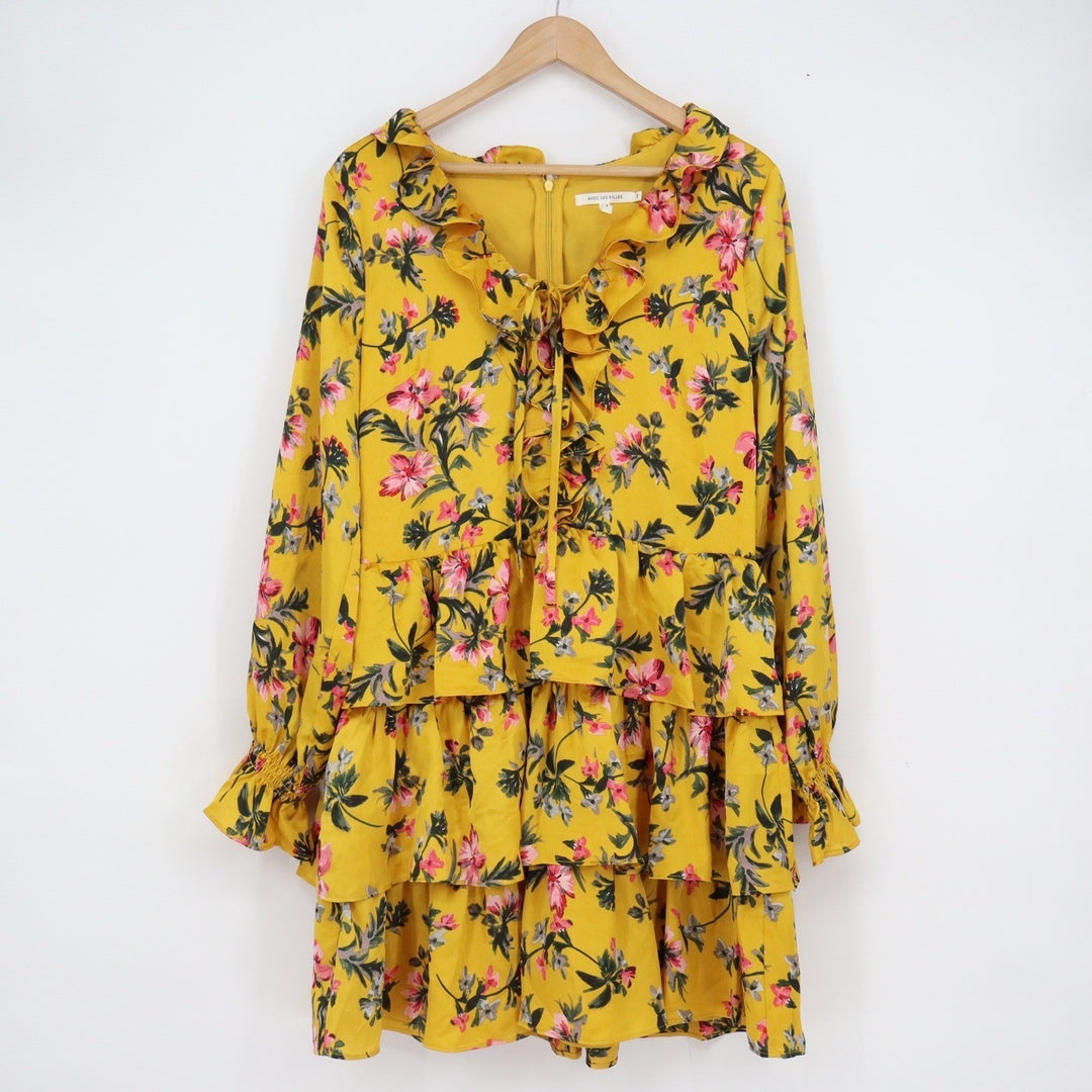 Avec Les Filles Yellow Floral Ruffle Tiered Mini Dress Size 14 Long Sleeve