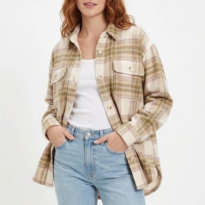 American Eagle Outfitters Fleece Love Shacket Womens Large Brown Plaid Oversized