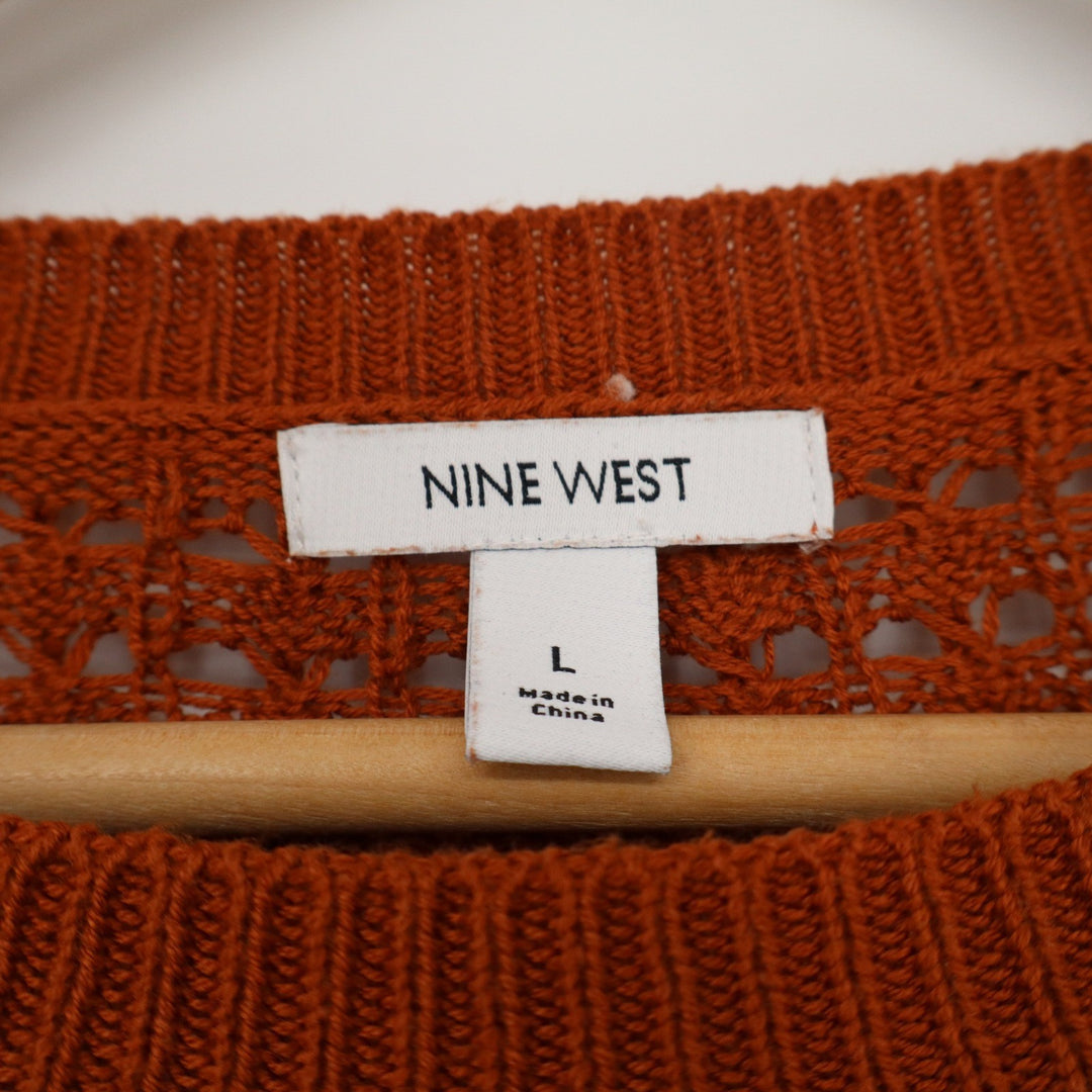 Nine West Burnt Orange Crochet Open Knit Short Sleeve Sweater Top Large