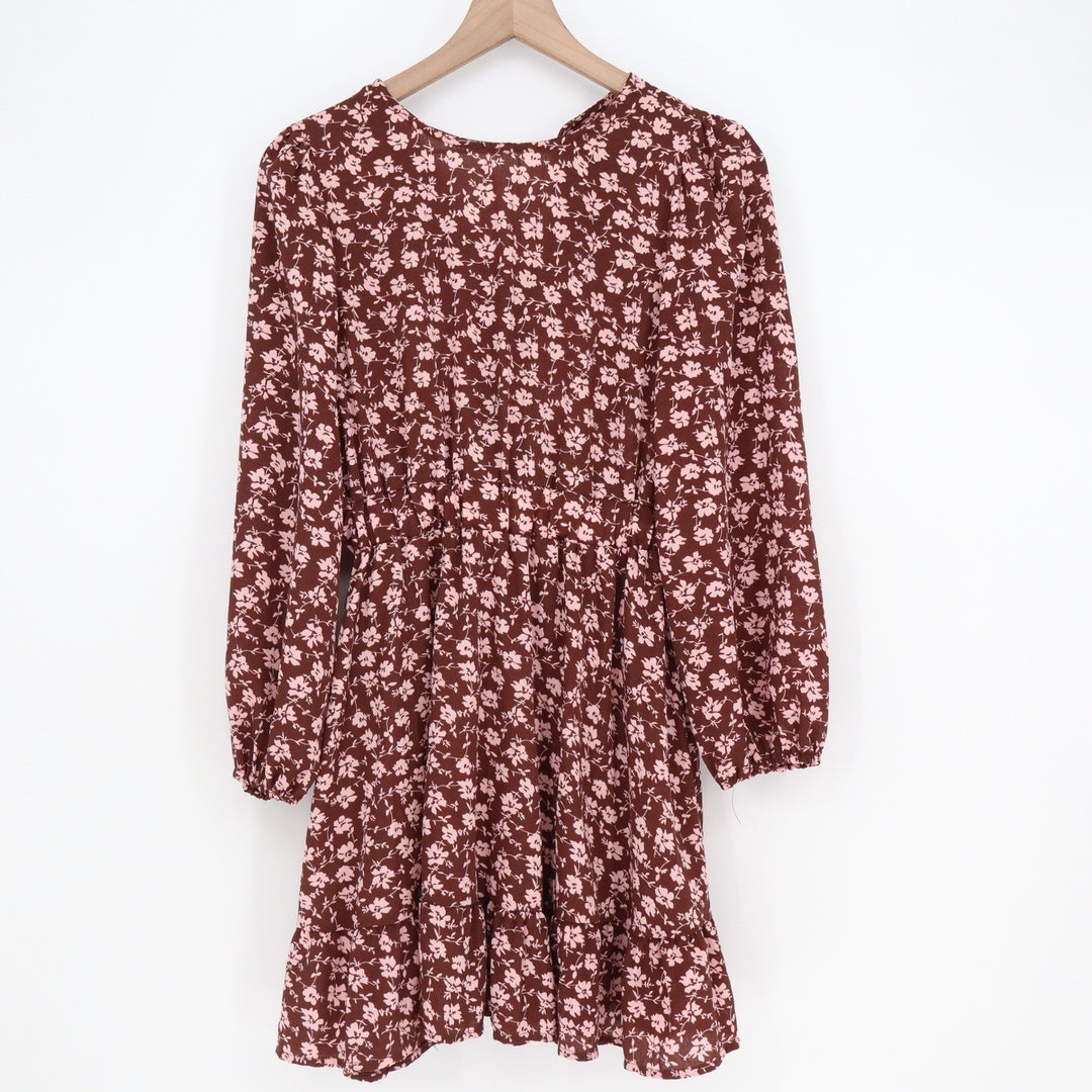 Mdyx Brown Pink Floral Mini Dress Long Sleeve Elastic Waist Tiered Ruffle Hem