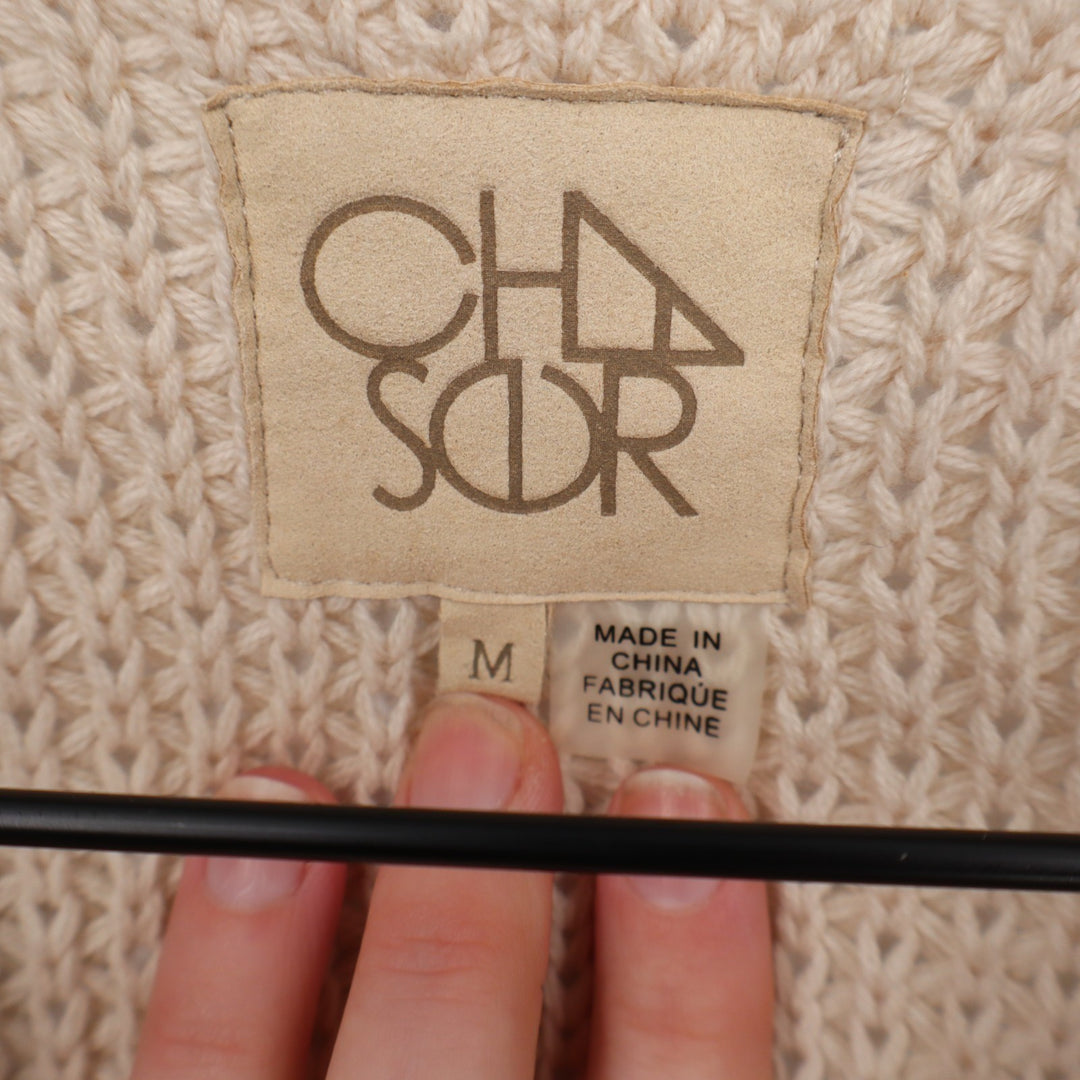Chaser Cardigan Sweater Womens Medium Beige Black Striped Cotton Knit Open Front
