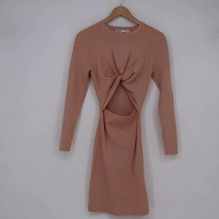 Zara Womens Pink Ribbed Twist Front Cutout Long Sleeve Mini Dress Medium 10580
