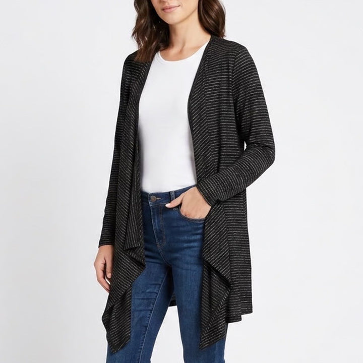 Cardigan Sweater Womens Black Striped Open Front Knit Long Sleeve Pullover