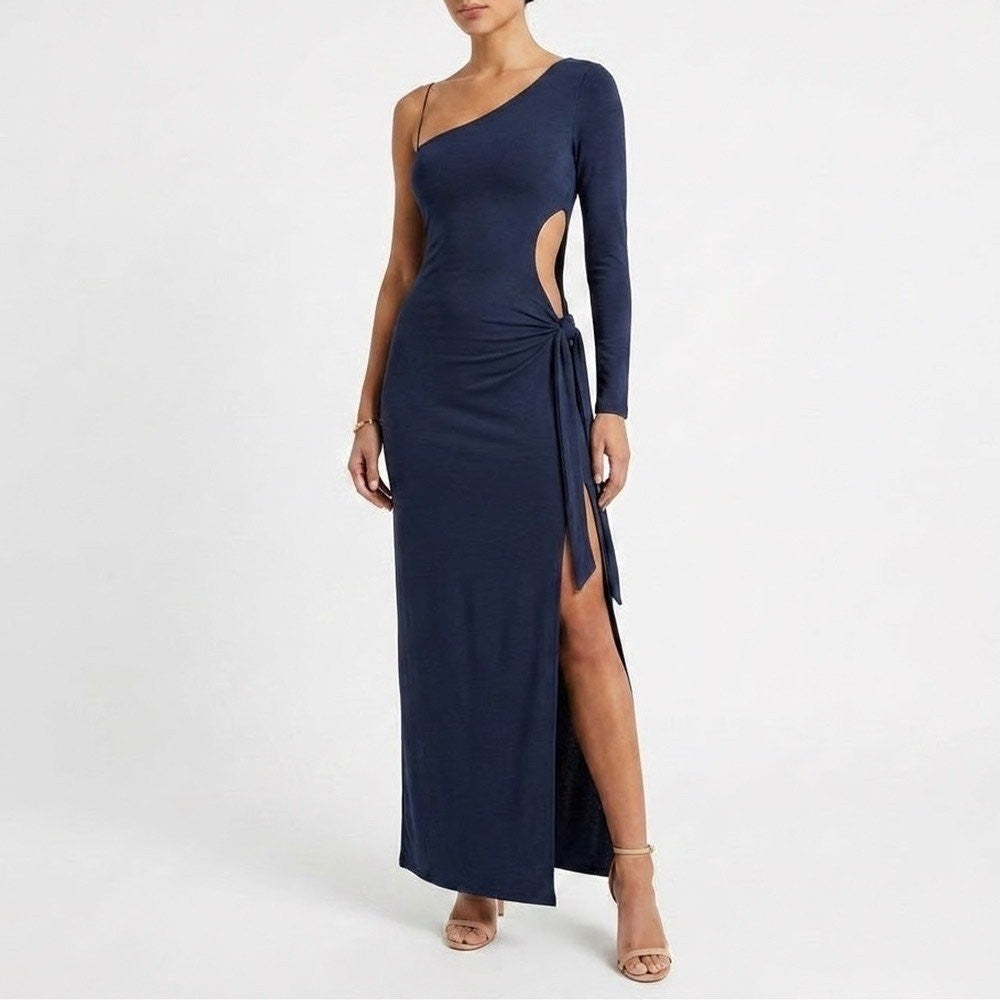 Naked Wardrobe Navy Blue One Shoulder Maxi Dress Side Tie Small