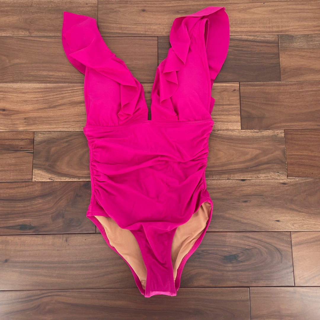 J. Crew One Piece Swimsuit Ruffle Deep V Neck Hot Pink Size 8