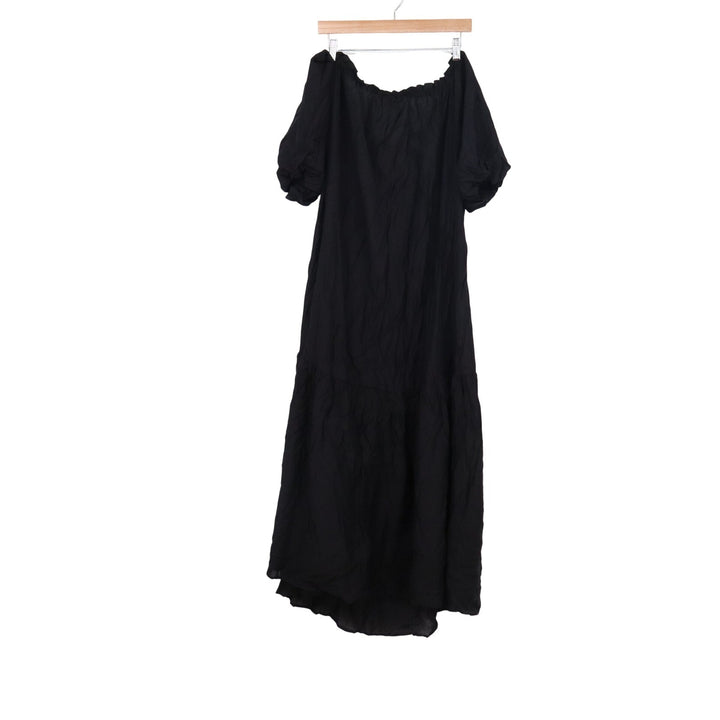 H&M Black Off Shoulder Maxi Dress XL Boho Puff Sleeve Tiered Tassel Tie Neck