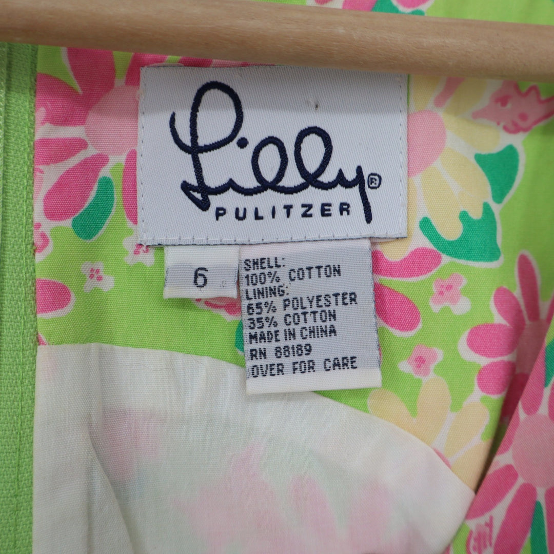 Lilly Pulitzer Floral Shift Dress Green Pink Lace Trim V-Neck Womens Size 6