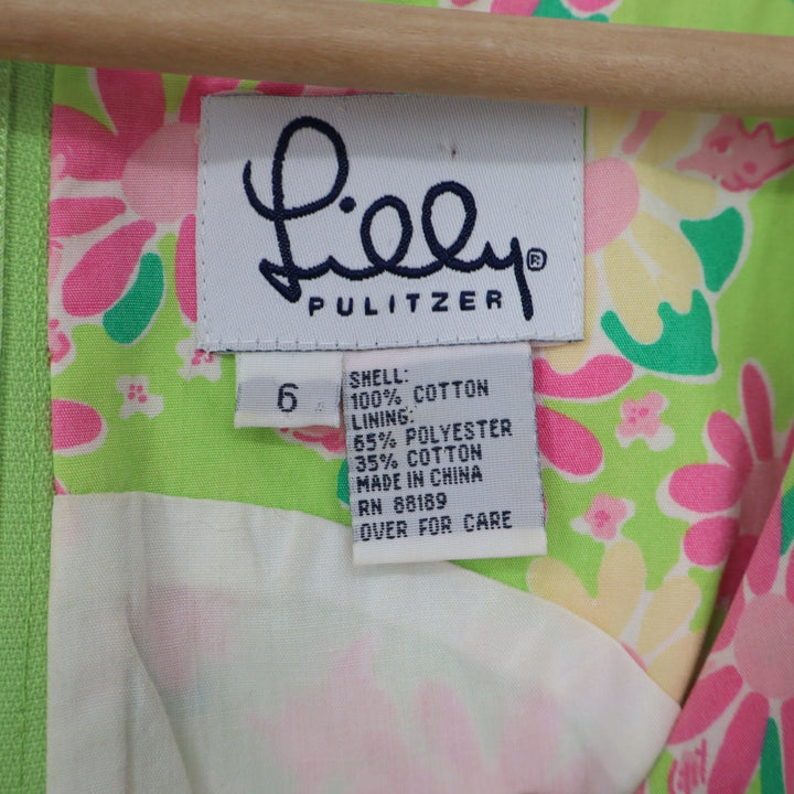 Lilly Pulitzer Floral Shift Dress Green Pink Lace Trim V-Neck Womens Size 6
