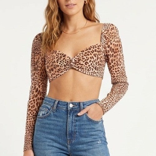 Naked Wardrobe The Statement Leopard Print Crop Top Long Sleeve Sweetheart S