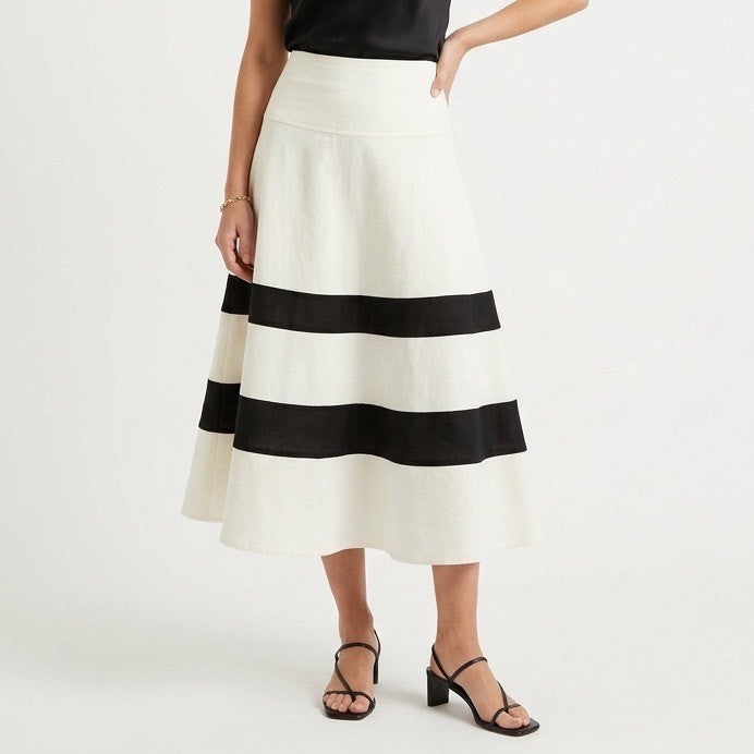 Nine West A-Line Flare Skirt Womens 10 White Black Striped Cotton High Waist