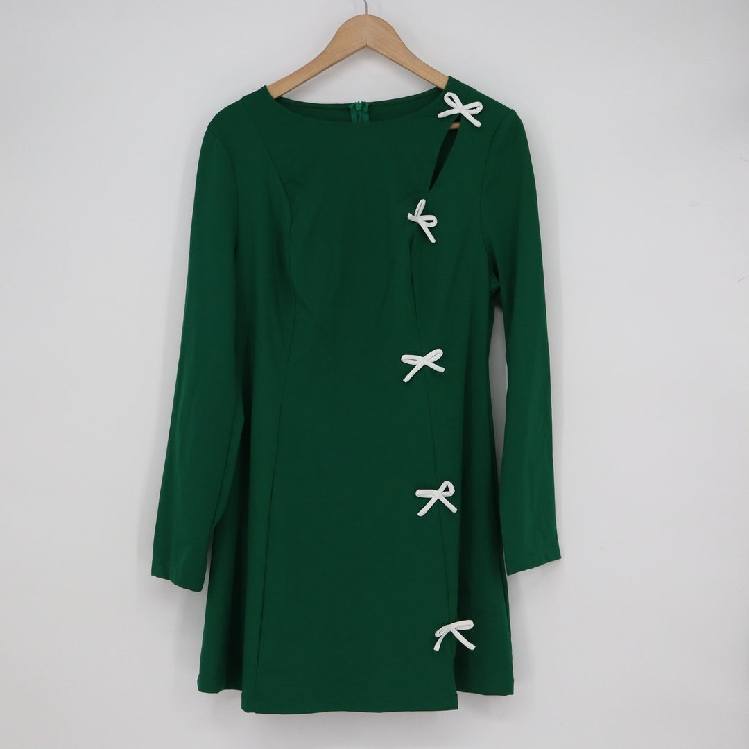 Green Long Sleeve Mini Dress with White Bow Accents and Side Slit Size L