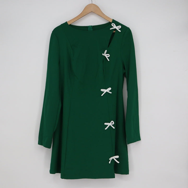 Green Long Sleeve Mini Dress with White Bow Accents and Side Slit Size L