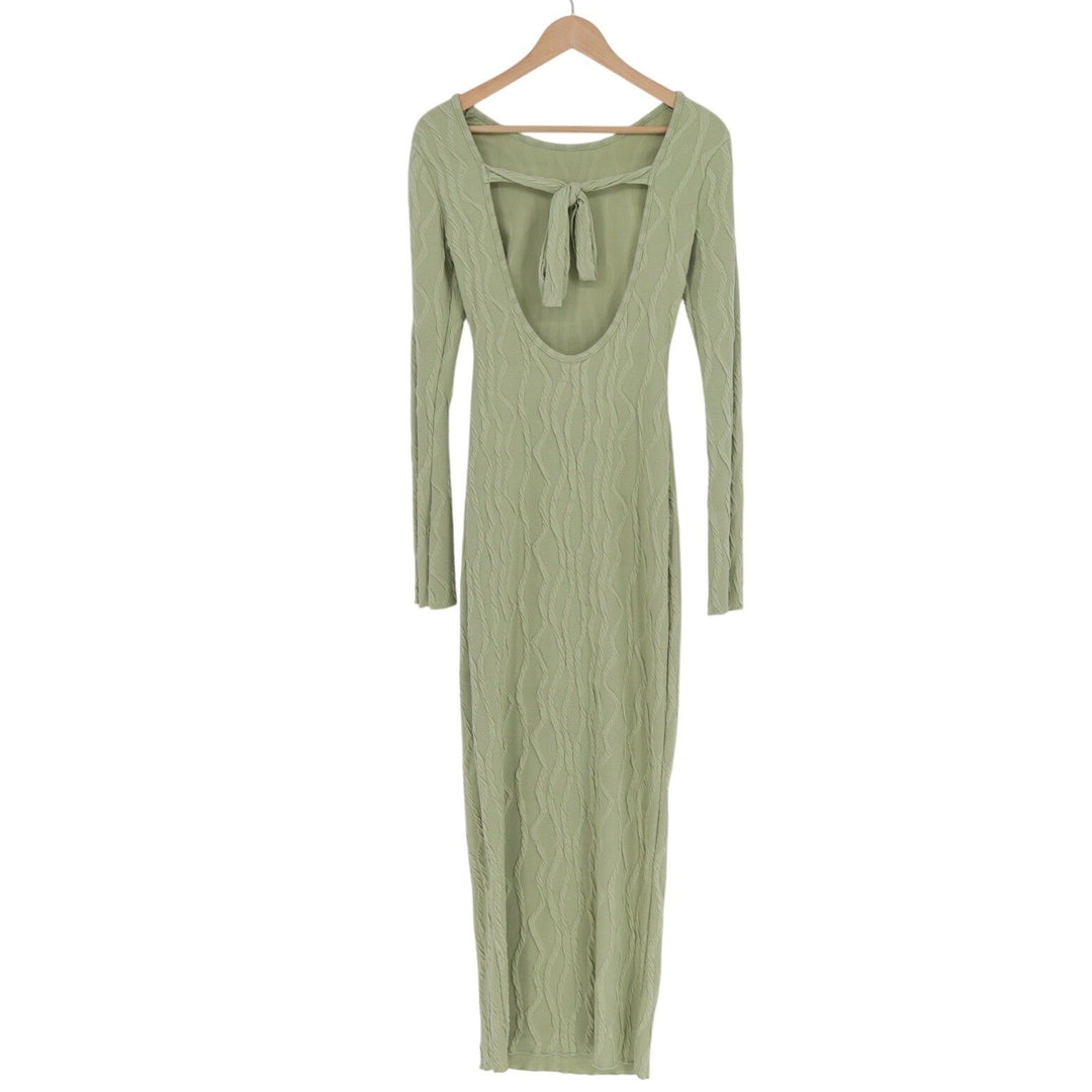 Shein Rafferiza Bodycon Maxi Dress Womens XS Green Lettuce Hem Flare Sleeve