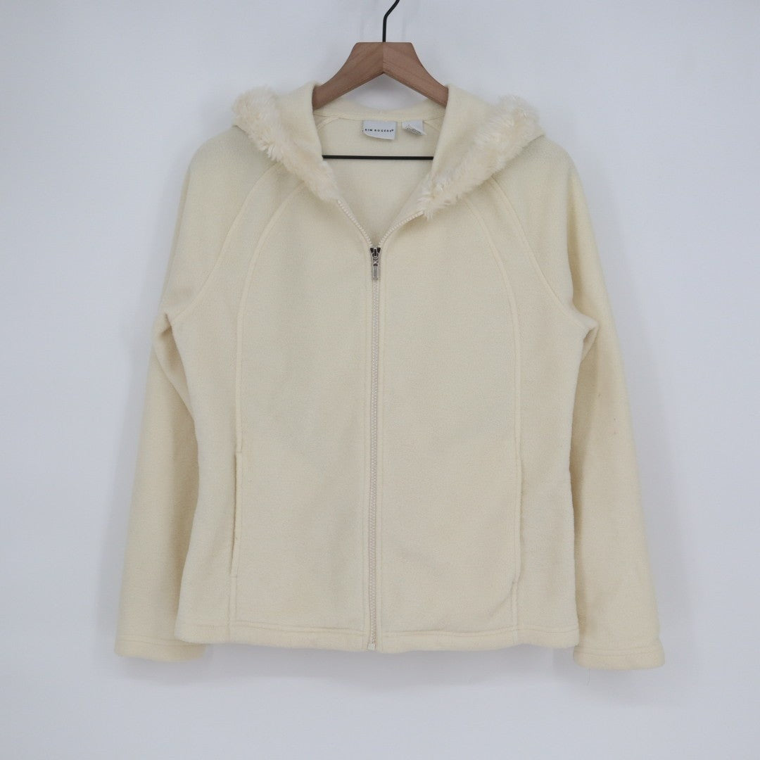 Kim Rogers Fleece Jacket Women's Medium Cream Faux Fur Trim Hooded Full Zip