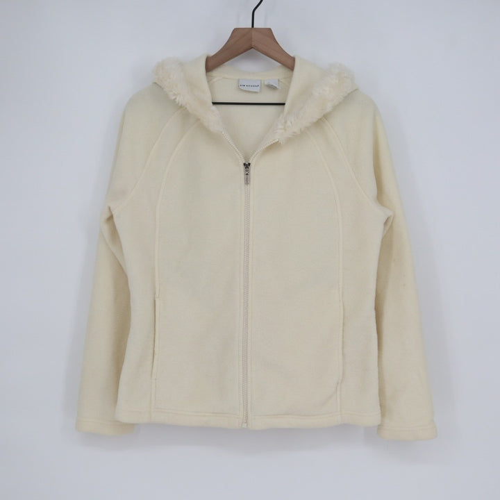 Kim Rogers Fleece Jacket Women's Medium Cream Faux Fur Trim Hooded Full Zip