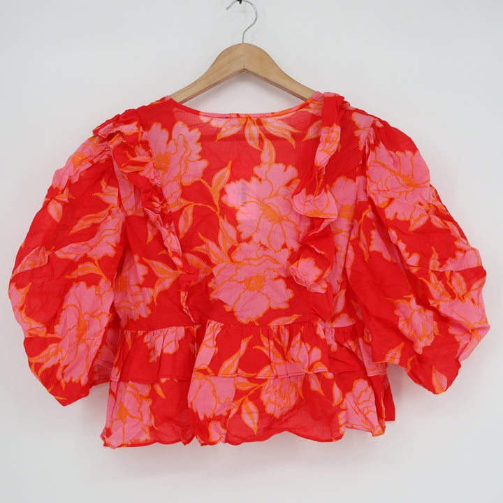 Olivaceous Red Pink Floral Ruffle Puff Sleeve Cotton Blouse Top Large