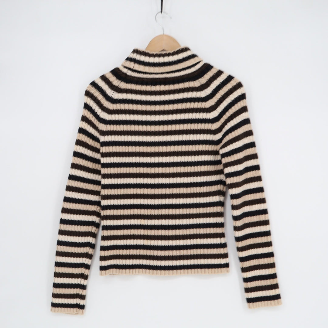 INC International Concepts Striped Mock Neck Ribbed Cotton Sweater Brown Large