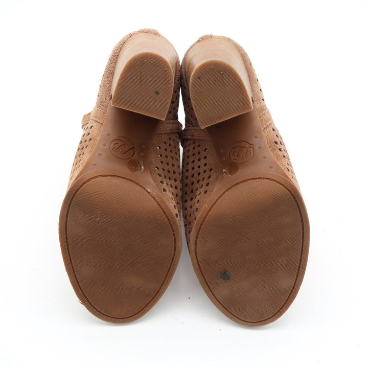 Lucky Brand Larise Tan Perforated Suede Peep Toe Booties Stacked Heel Size 6M