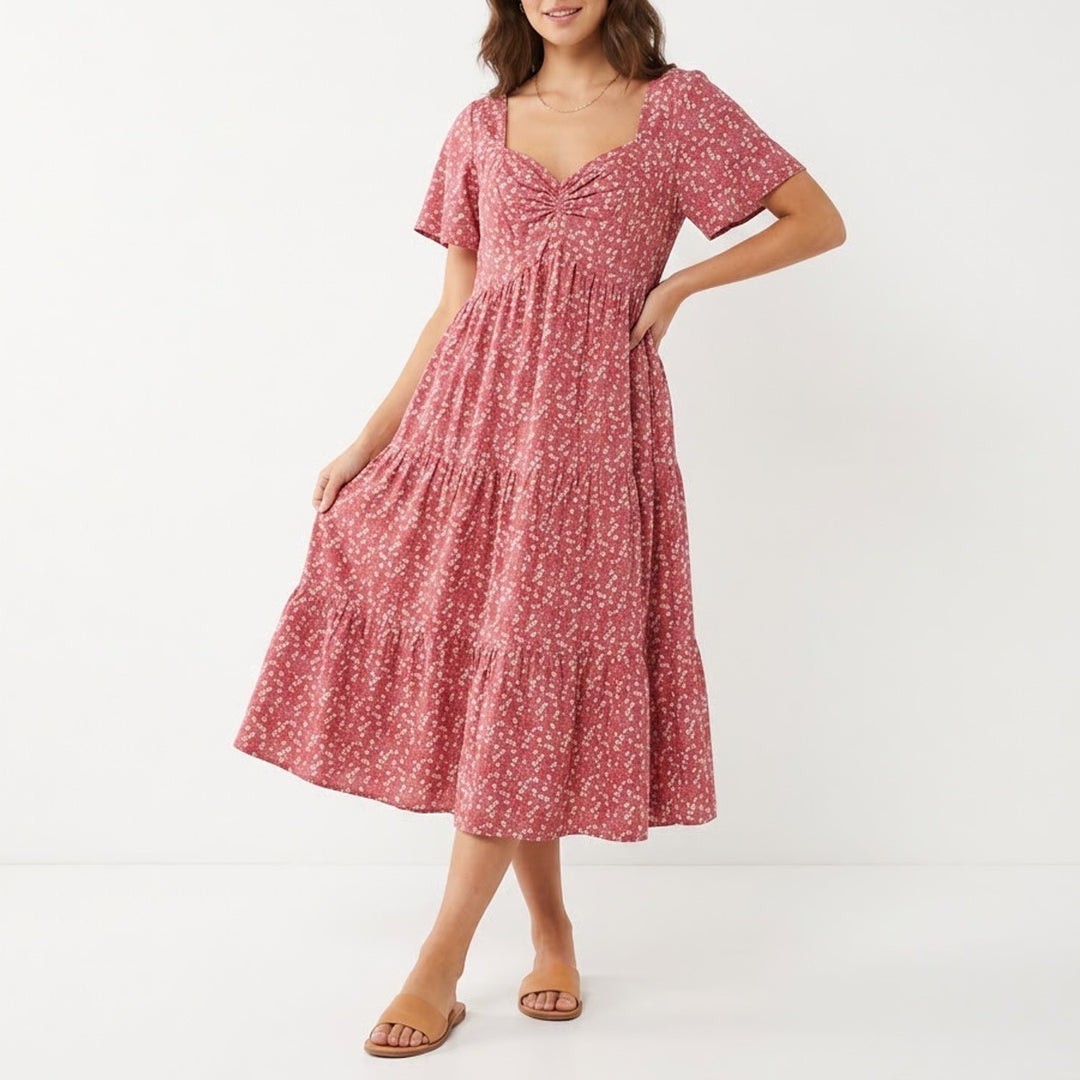 Bloomchic Pink Floral Tiered Midi Dress Plus Size 18-20 Square Neck