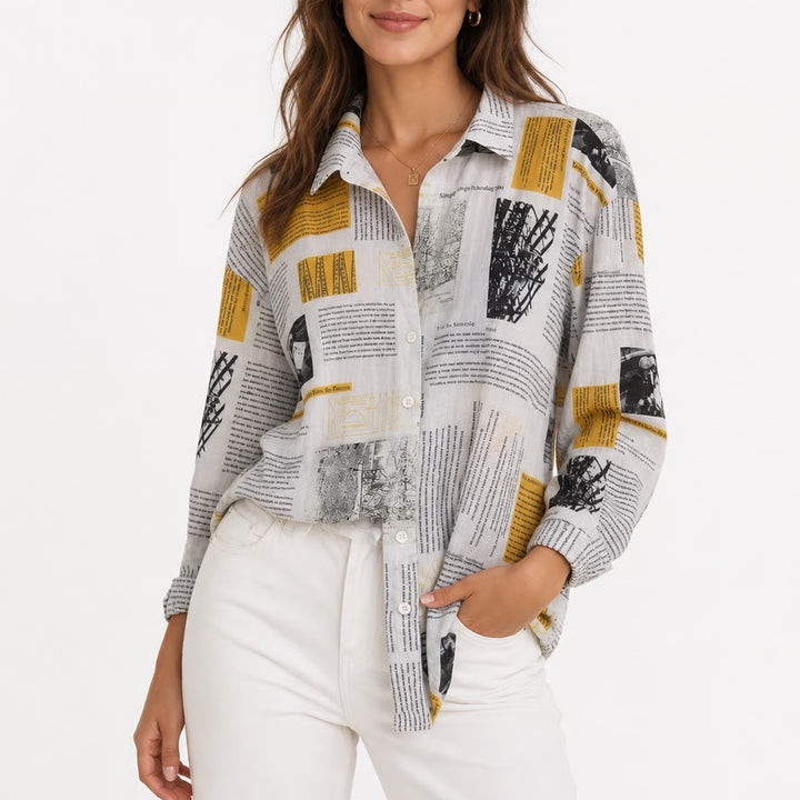 Shein Curve Newspaper Print Button Down Shirt Yellow White 2XL