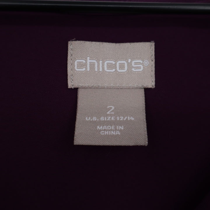 Chicos Tunic Top Women 12/14 Purple Pleated Bell Sleeves Round Neck High Low Hem