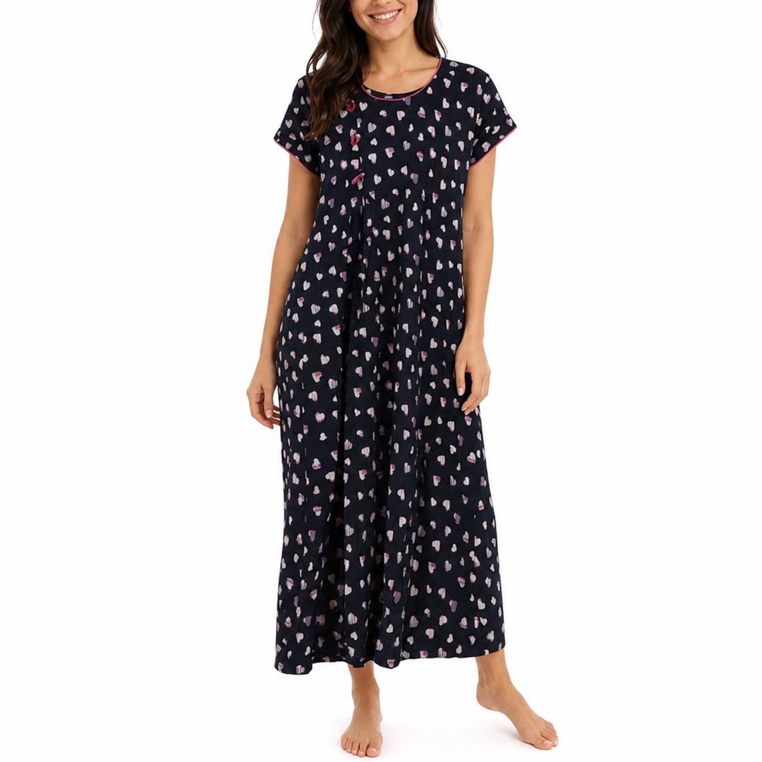 Navy Blue Heart Print Maxi Dress Short Sleeve Pink Trim Frog Buttons XL