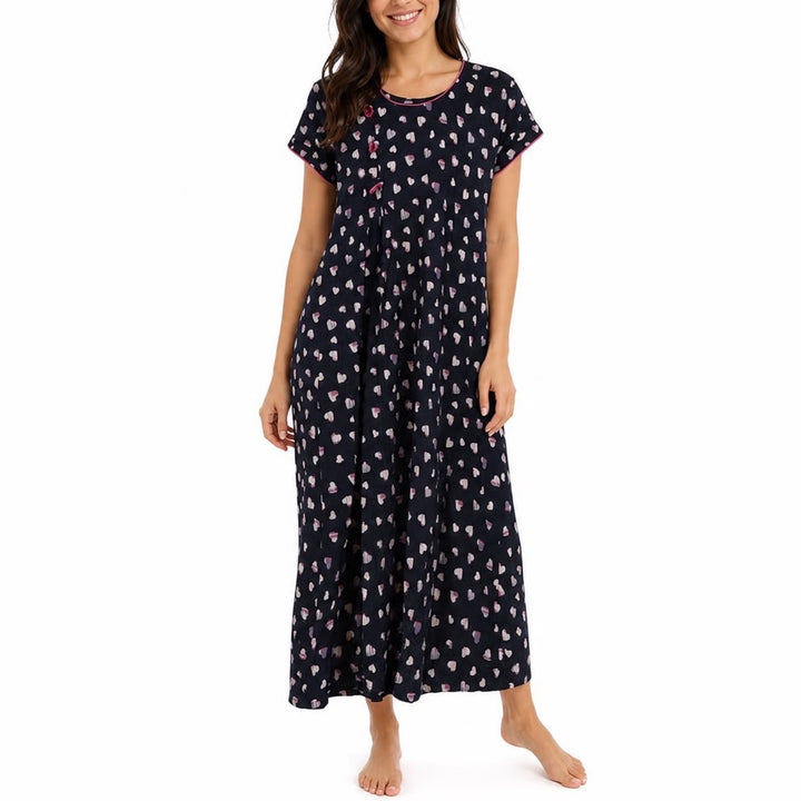 Navy Blue Heart Print Maxi Dress Short Sleeve Pink Trim Frog Buttons XL