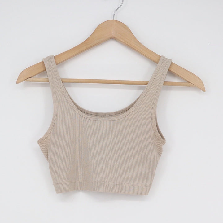 Beige Ribbed Knit Sleeveless Scoop Neck Crop Top Minimalist Neutral Slim Fit