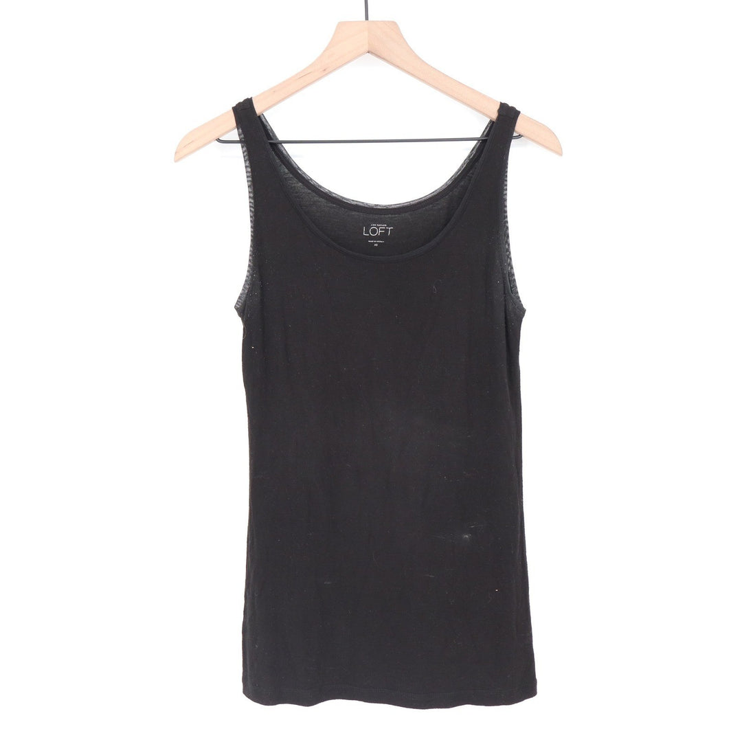 LOFT Black Scoop Neck Tank Top with Mesh Trim XS Sleeveless Rayon Spandex