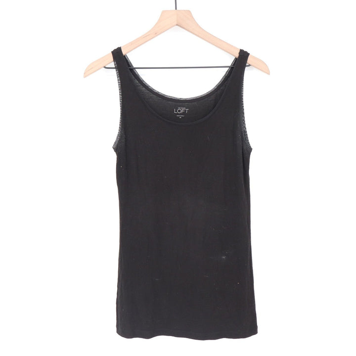 LOFT Black Scoop Neck Tank Top with Mesh Trim XS Sleeveless Rayon Spandex