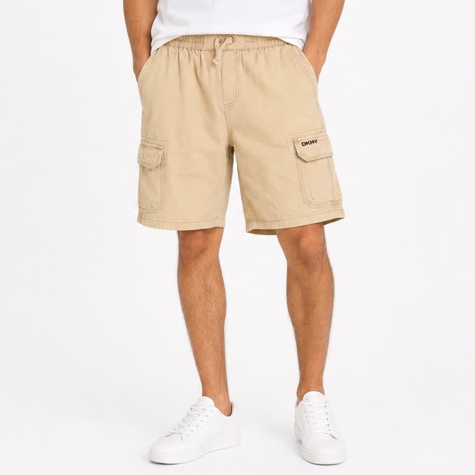 DKNY Cargo Shorts Men's Large Tan Elastic Waist Drawstring Cotton Utility Good