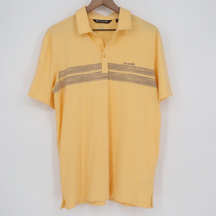 Travis Mathew Yellow Striped Polo Shirt Mens Medium Golf Casual Short Sleeve