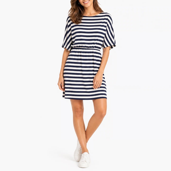 Jessica Howard Navy Blue White Striped Boat Neck Elastic Waist Dress Size 10