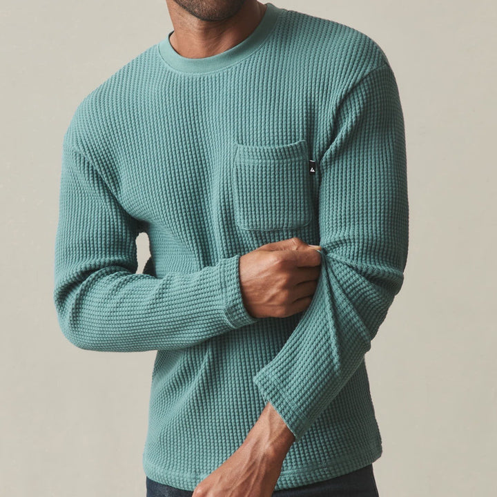 AMERICAN GIANT Waffle Knit Crewneck Pocket Long Sleeve Shirt Green Size S