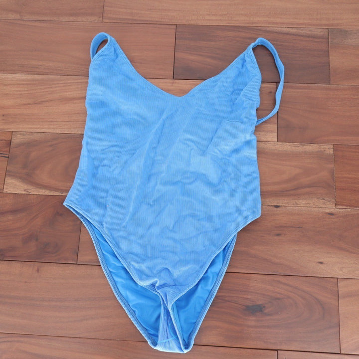 ASOS DESIGN Blue Corduroy V Neck High Cut One Piece Swimsuit Bathing Suit