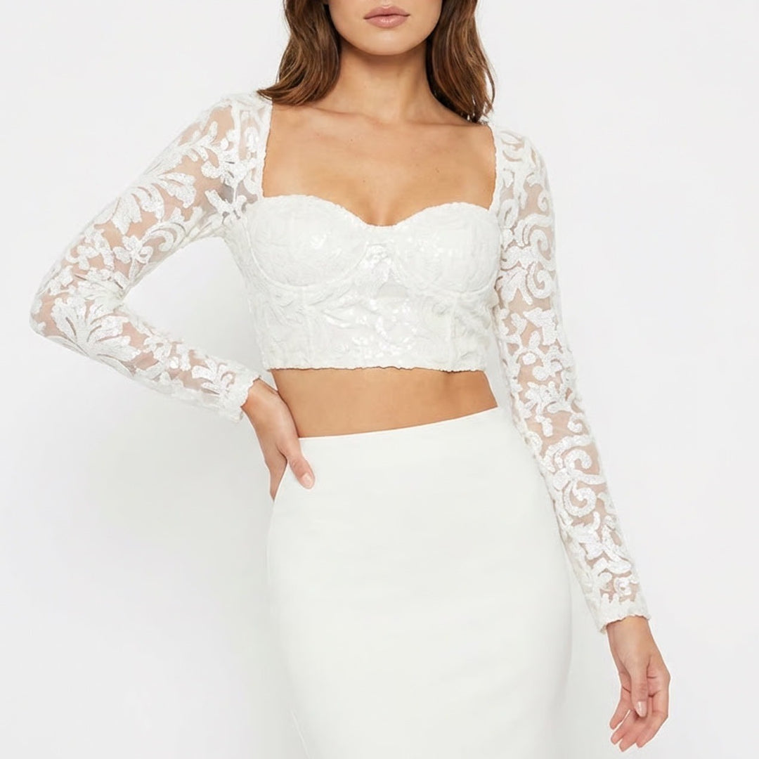 Naked Wardrobe The Statement White Sequin Lace Crop Top Long Sleeve S