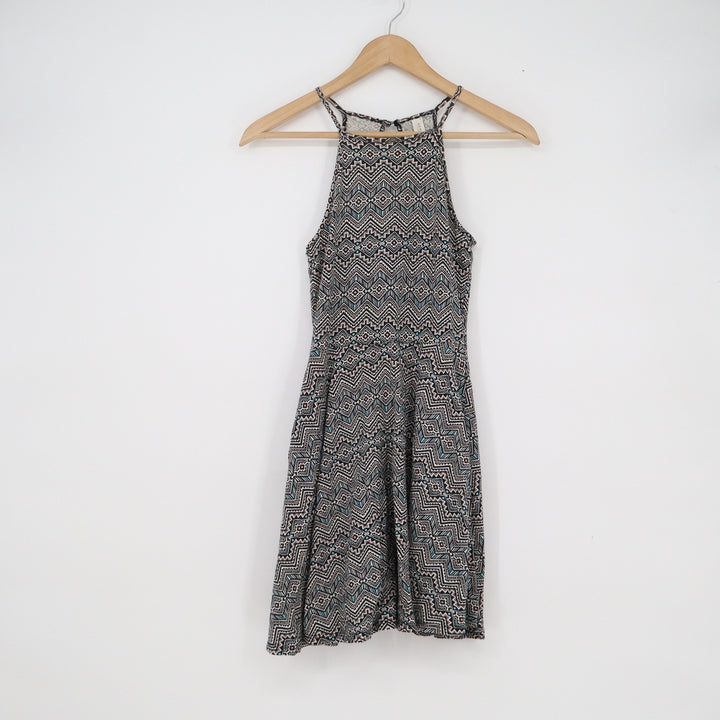 Aeropostale Halter Dress Womens XS Black Teal Geometric Tribal Print Mini Skater