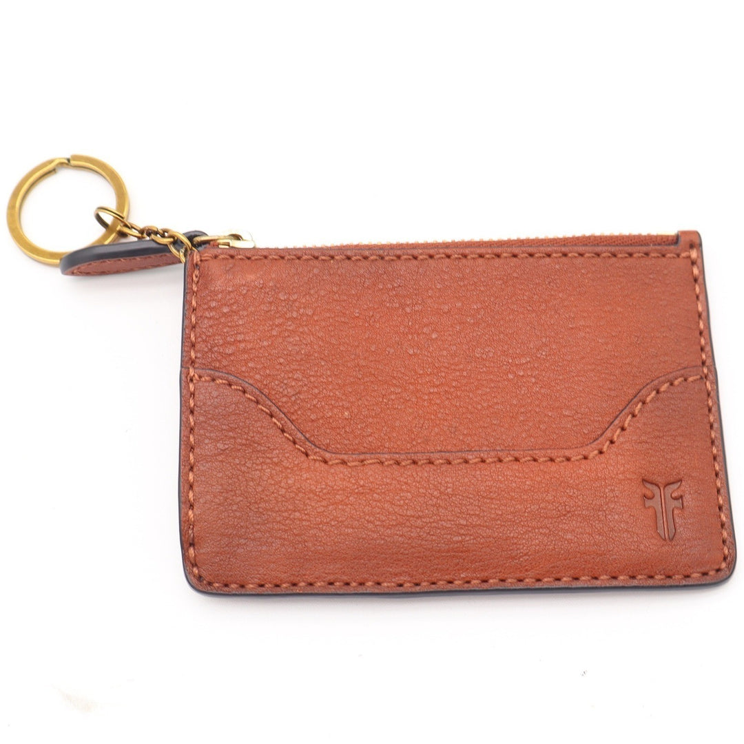 Frye Logan Cognac Brown Leather Zip Card Case Wallet with Key Ring